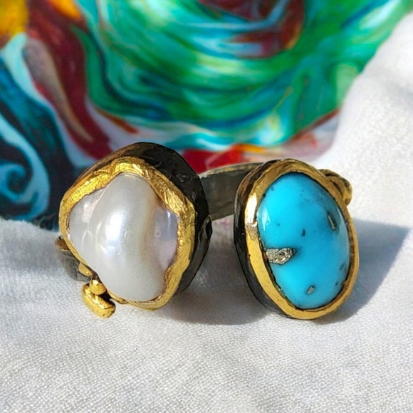 🆕️Genuine Pearl & Turquoise Ring | 925 Silver 24K Gold & Rhodium Plated 🌟 - Picture 12 of 16